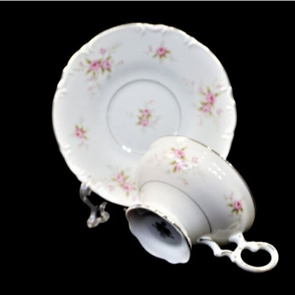 Mikasa VERSAILLES 9344 Footed Cup Saucer Set Fine China Pink Roses Silver Trim - Picture 7 of 10